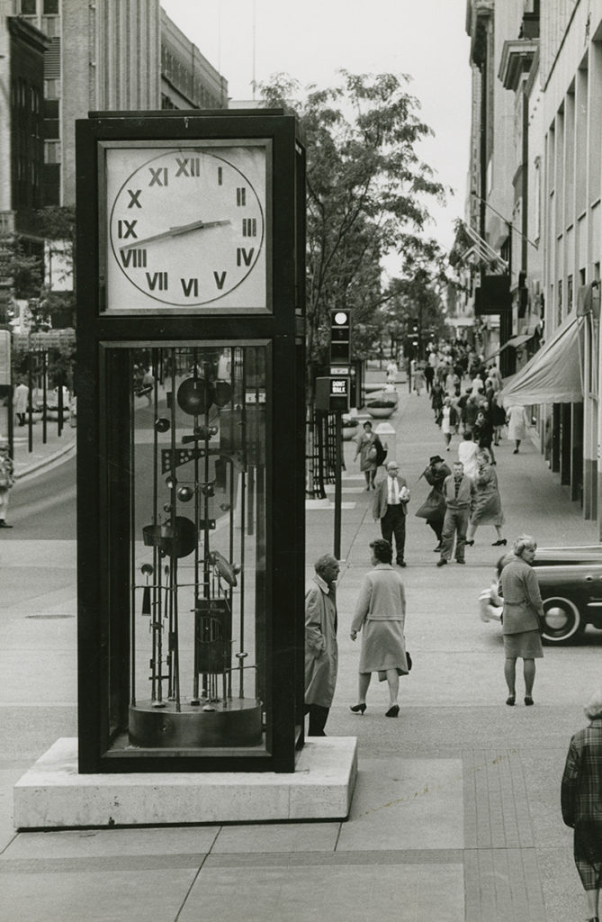 Black & white photo Sculpture Clock, 1960s, Nicollet Mall, Minneapolis, Minnesota. Jack Nelson