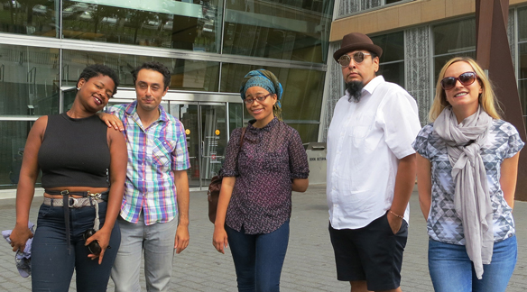 Photo of artist Blessing Hancock (on right) with writers Junauda Petrus, Moheb Soliman, Sagirah Shahid and Vincent Moniz Jr.