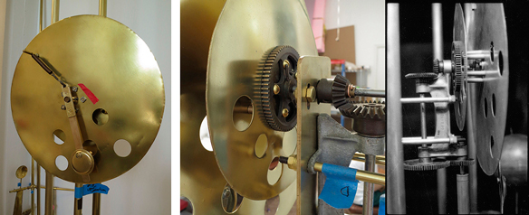 Three images of the clock mechanism.