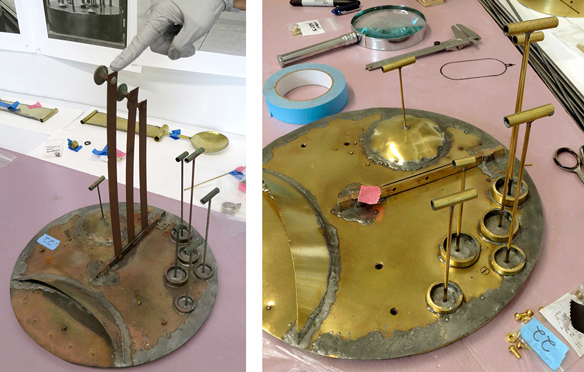 Two images of the clock mechanism ceiling component.