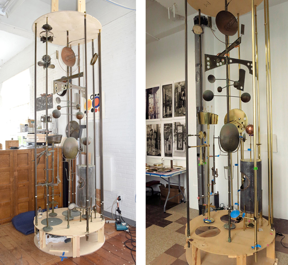 2 photos of clock in restoration studio