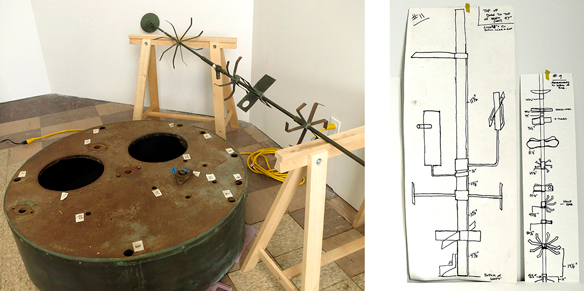 Two photos: one of circular base and one of a drawing of the central vertical shaft.