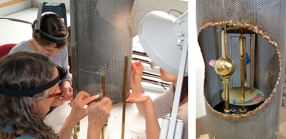 Two images of restoration team working on Sculpture Clock