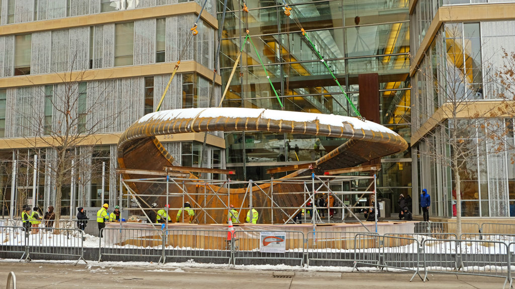 View across Nicollet of Nimbus in front of the Library.